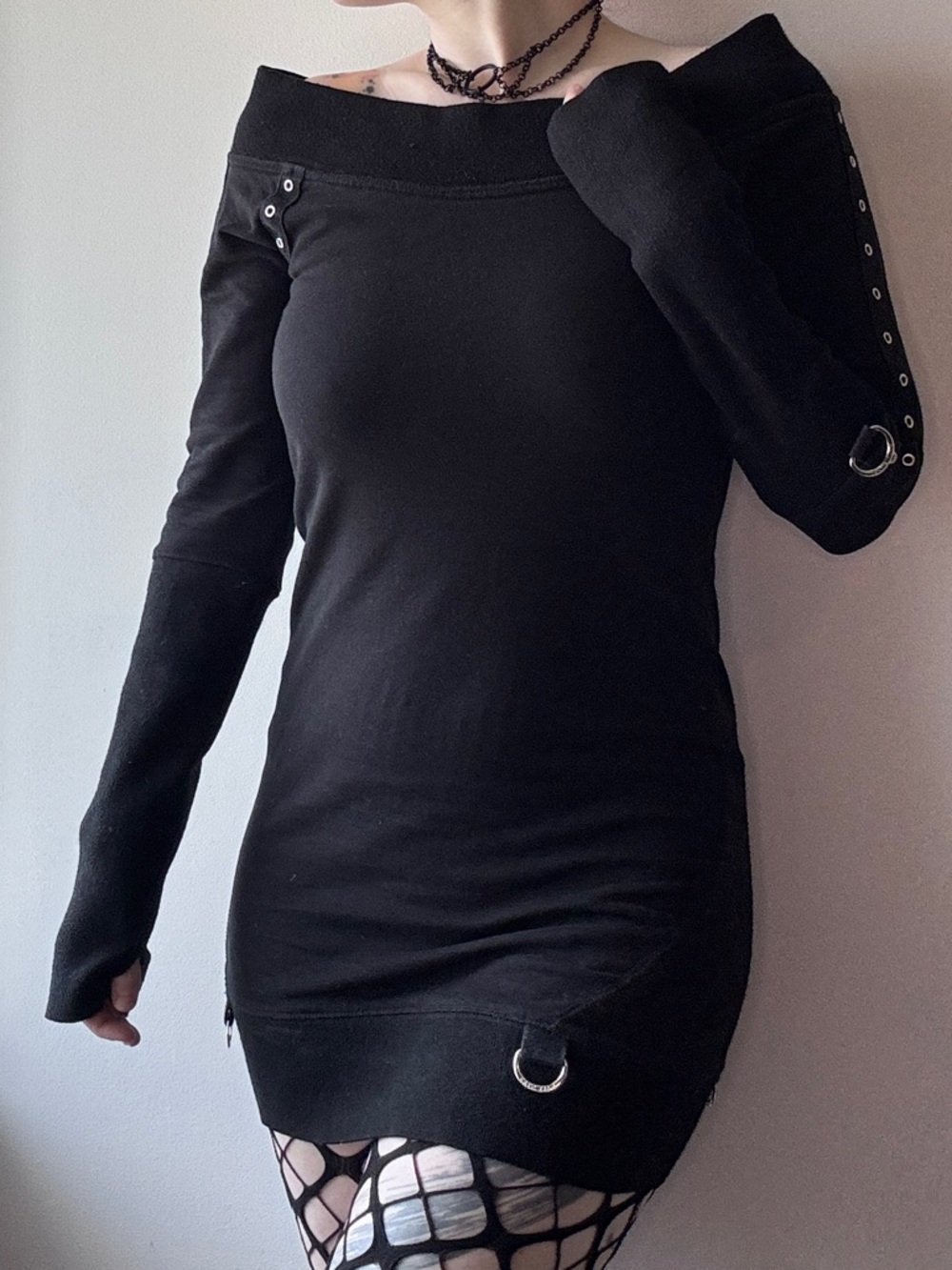 Killstar Wicked Riffs Dress XS Black Goth Off Shoulder Bodycon Grommet Mini